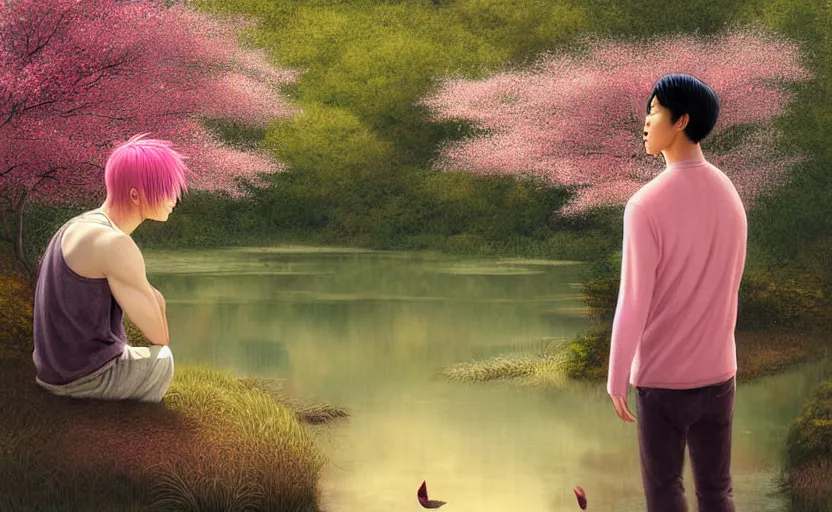 Prompt: harmony of pink haired young asian man backlit staring at black haired young asian man from across a pond, love at first sight, by alan lee, muted colors, springtime, colorful flowers & foliage in full bloom, sunlight filtering through trees & skin, digital art, art station cfg _ scale 9