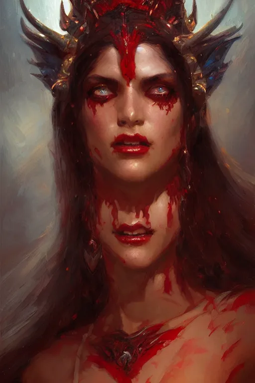 Prompt: very attractive demon queen with red eyes painting by gaston bussiere, craig mullins, luis rollo, close - up portrait, digital painting, highly detailed, artstation, sharp focus, illustration, concept art, hd