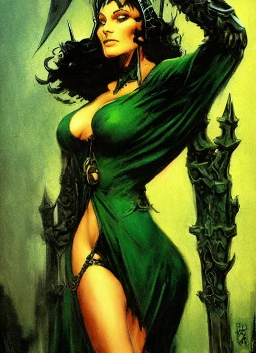 Prompt: ample female necromancer sorceress, green tiara, strong line, deep color, beautiful! coherent! by frank frazetta, by brom, low angle