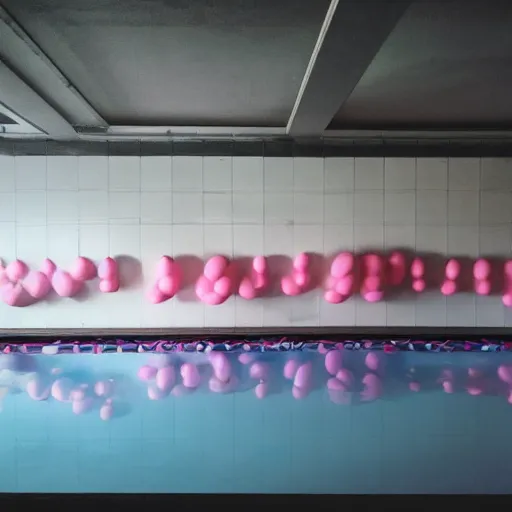 Prompt: dark poolroom liminal space with pink flamingo floaties, liminal photography, bad lighting,