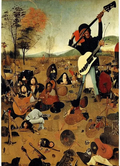 Image similar to jimy hendrix at woodstock by hieronymus bosch