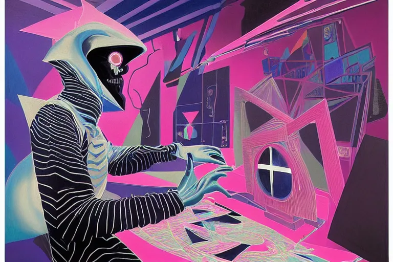 Image similar to a highly detailed beautiful masterpiece painting of a technomancer wizard in dazzle camouflage robes with pointed hood tampering with the world engine in his laboratory near a computer by Remedios Varo and Anato Finnstark and Greg Rutkowski and Andy Warhol, dayglo pink, dayglo blue, prismatic, pearlescent white, raven black, hyperrealism, 8k, trending on ArtStation, rendered in Octane, rendered in Unreal engine, award winning, volumetric lighting