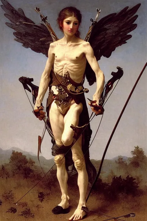 Image similar to portrait of a skeleton archer with bow and arrow in the middle world, wearing helmets with wings, wearing european style armor, holding a sword in both hands, symmetrical, solemn, sacred, aura, by bouguereau