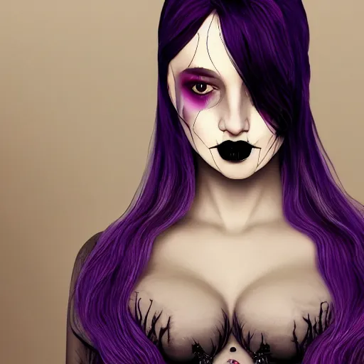 Prompt: photorealistic soft paint of absurdities and curiosities, very beautiful female curvy full gothic long dress, ultra deep fog, purple black lustrous thin haircut, symmetry accurate features, focus, very intricate ultrafine details, award winning masterpiece