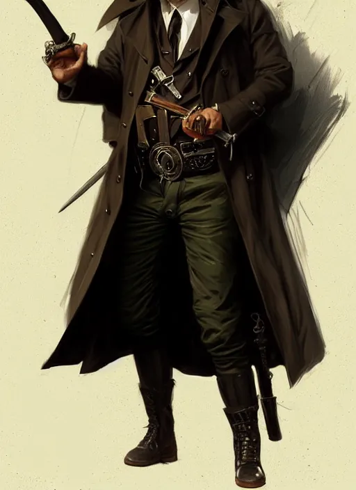 Image similar to portrait of a detective wearing trench coat and smoking puro, holding a sword, victorian, concept art, detailed face, fantasy, close up face, highly detailed, cinematic lighting, digital art painting by greg rutkowski