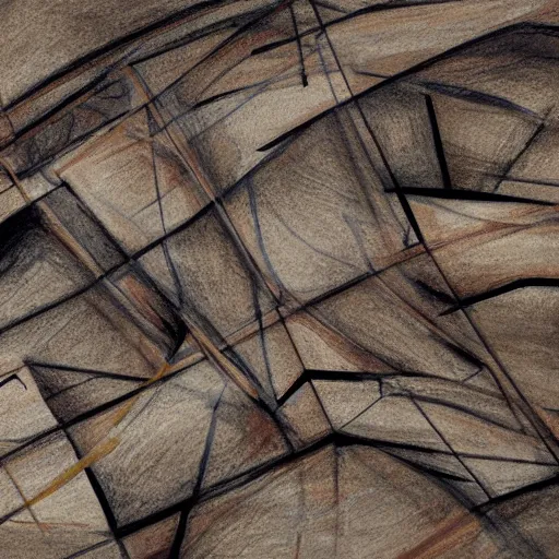 Prompt: masterpiece abstract intricate painting of detailed highly layered angled rocky field along a landscape surface of rectangular shapes. thin pencil rough sketch lines slanting down provide a sense of movement. drone view. beautiful use of light to create a sense of a stony surface. using architectural techniques with an engineering quality and a rich dark earthy color palette, providing a mathematical feel.