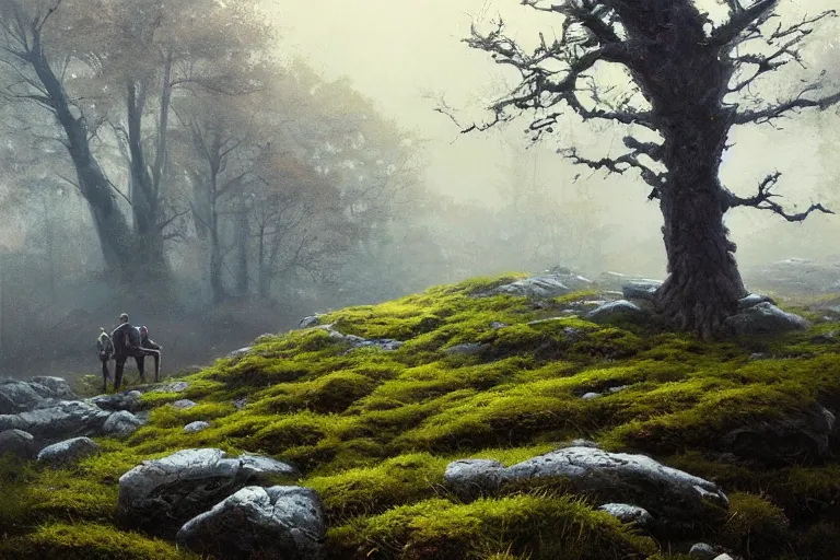 Image similar to beautiful oil painting of a rocky field with moss, a tree with blue leaves, glowing, gloomy, atmospheric lighting, detailed, by greg rutkowski, trending on artstation