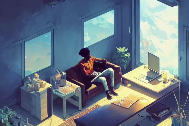 Image similar to a young black man sitting on a sofa working on a laptop, wide angle shot from above, golden curve composition, animation portrait concept art, style of makoto shinkai, xision, james jean and peter mohrbacher, studio ghibli, artgerm, karol bak, dan mumford, 4 k hd, animation style