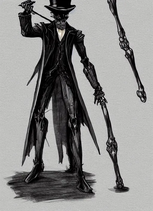 Image similar to DND character art, skeletal male figure, wearing a deep black suit!!! and tie and top hat, holding a gold! cane!, blue flames!!