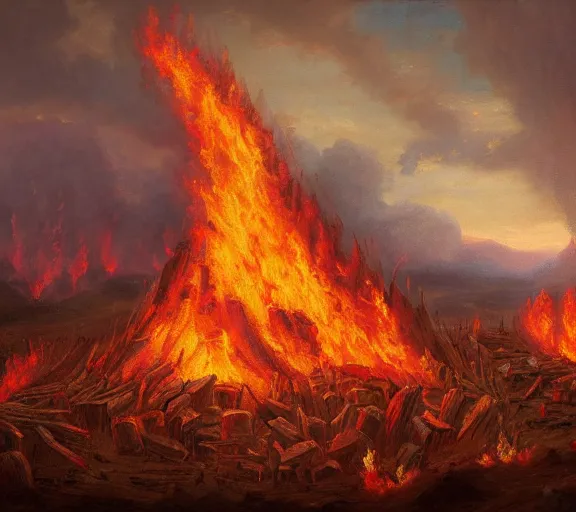 Prompt: landscape portrait of a an immense funeral pyre, with tyler childers throwing dollar bills onto it, by william sidney mount, trending on artstation