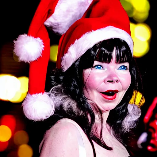 Image similar to Singer Björk wearing a Santa Claus hat