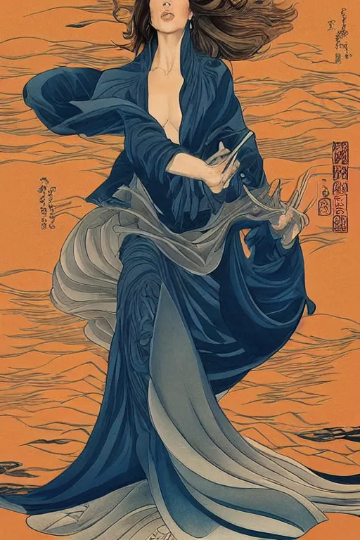 Prompt: kate beckinsdale as a heroine with a dress inspired by the great wave off kanagawa by Hokusai, digital painting, artstation, concept art, smooth, sharp focus, illustration, art by artgerm and donato giancola and Joseph Christian Leyendecker, Ross Tran, WLOP