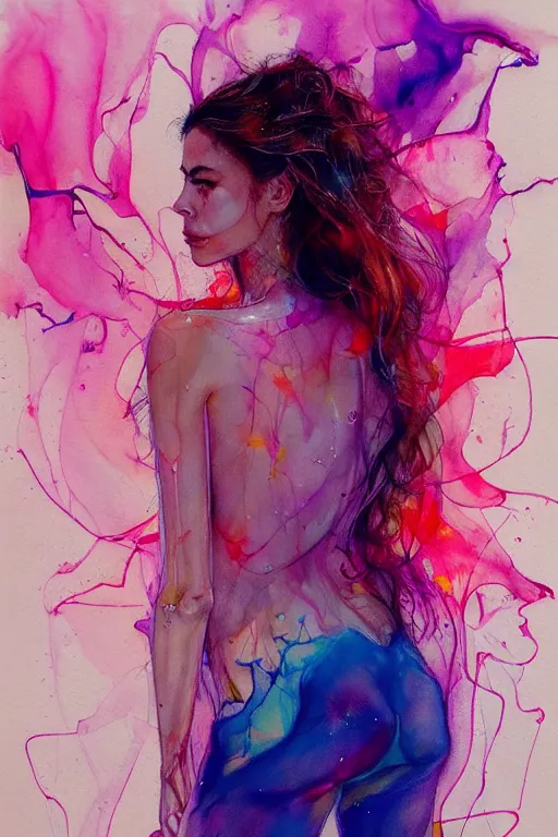 Image similar to sophia vergara by agnes cecile enki bilal moebius, intricated details, 3 / 4 back view, bendover posture, full body portrait, extremely luminous bright design, pastel colours, drips, autumn lights