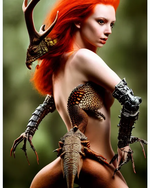 Image similar to 5 5 mm portrait photo of an armored redhead woman with antlers and a an iguana sitting on her shoulder by luis royo. highly detailed 8 k. intricate. lifelike. soft light. nikon d 8 5 0. cinematic post - processing