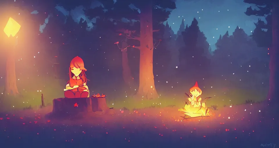 Image similar to Illustration of a small cute witch sitting by cozy bonfire in the forest meadow under starry sky and shooting star, digital pixel art, pixiv by Aenami