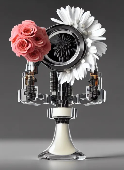 Image similar to perfume bottle standing on a biomechanical black enchanted vanity mirror made of corals, daisies, roses in an ivory room well contoured smooth fair walls, up close shot, sharp focus, global illumination, radiant light, alexandre ferra white mecha, irakli nadar, octane highly render, 4 k, ultra hd,