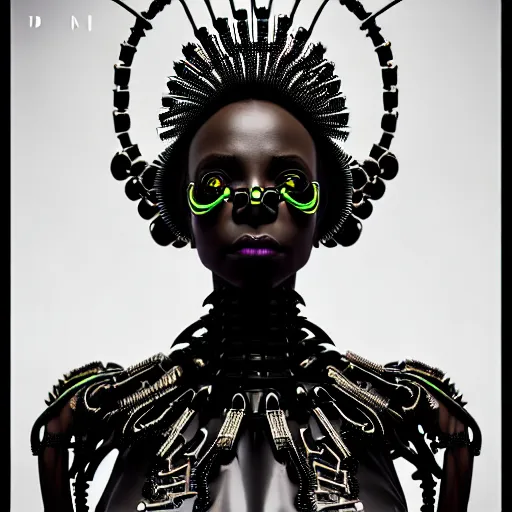 Prompt: portrait of an absurdly beautiful, graceful, sophisticated, fashionable black cyberpunk mechanoid gravure idol, hyperdetailed illustration by irakli nadar, maria borges, matt wisniewski style, intricate linework, dark black skin, neon jellyfish headdress, carved bone ruff, unreal engine 5 highly rendered, global illumination, radiant light, detailed and intricate environment