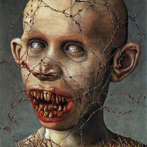 Image similar to a boy made of barbed wire looking into camera, screaming in pain, by giuseppe arcimboldo and ambrosius benson, renaissance, intricate and intense oil paint, a touch of beksinski and hr giger and edward munch, realistic