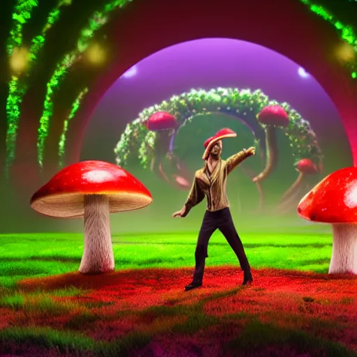 Image similar to a musical about dancing mushrooms, promotional images, imax, photorealistic, distortion