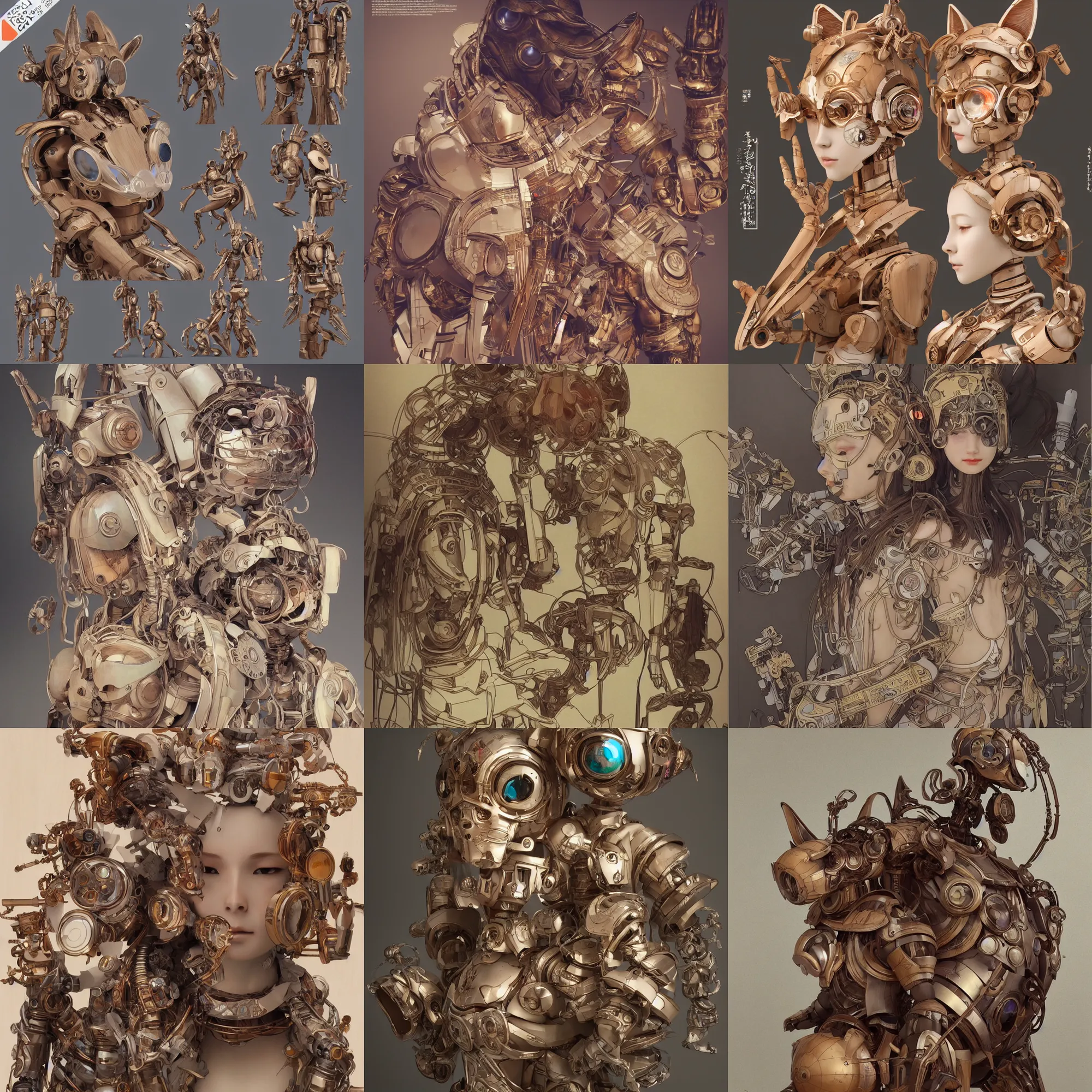 Prompt: 3D 8k octan render ,ultra photorealistic, detailed unreal engine ,a wooden sculpture wooden art toys wooden on feet : very cute robot wooden with cat ears zen méditation cyberpunk concept art wooden ,trending on cgsociety, a contemporary art gallery art in néo Paris ,art by Alphonse Mucha