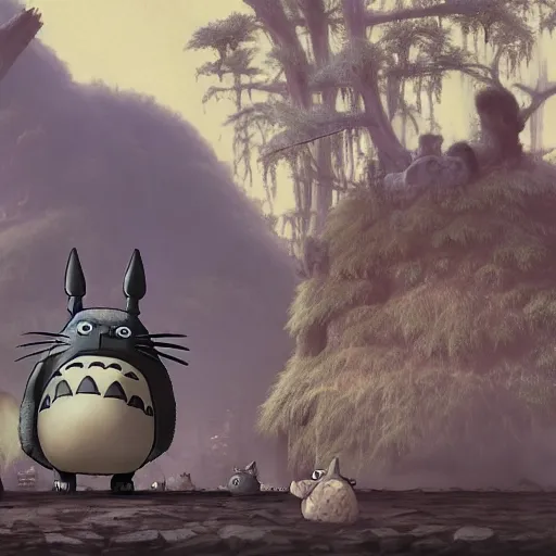 Prompt: totoro parade with pugs, intricate detail, royo, klimt, miro, vallejo, frazetta, giger, whealan, hd, unreal engine,