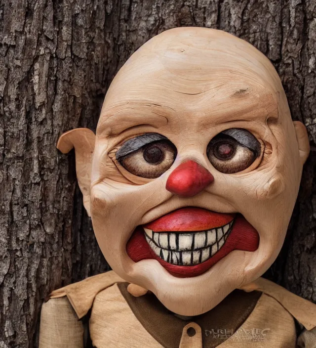 Image similar to hyper realistic photography of horror ventriloquist wooden puppet with old carved painted head