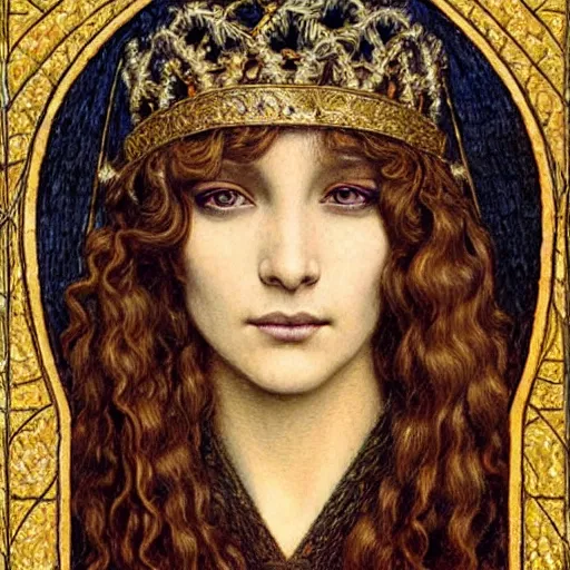 Image similar to detailed realistic beautiful young medieval queen face portrait by jean delville and tony diterlizzi, art nouveau, symbolist, visionary, gothic, pre - raphaelite