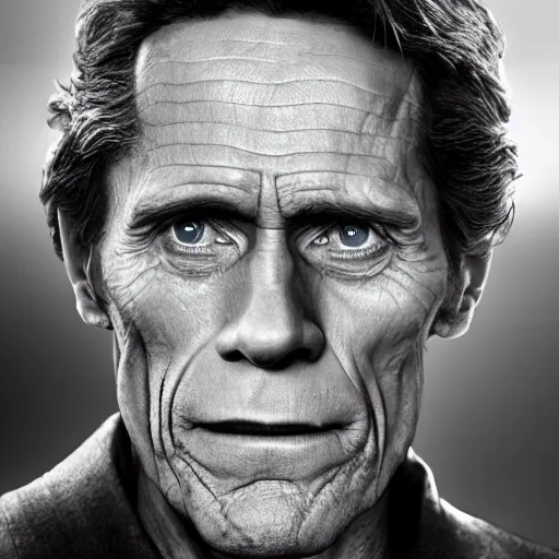 Image similar to portrait of william dafoe in the style of iron man, award winning portrait photography