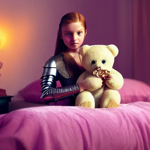 Image similar to a medieval fantasy knight holding a teddy bear inside a pink bedroom, matte oil painting, d & d, sharp focus, award - winning, extremely detailed, 4 k, 8 k