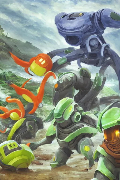 Image similar to tentacool pokemon playing as master chief, oil on canvas, intricate, 8 k highly professionally detailed, hdr, cgsociety