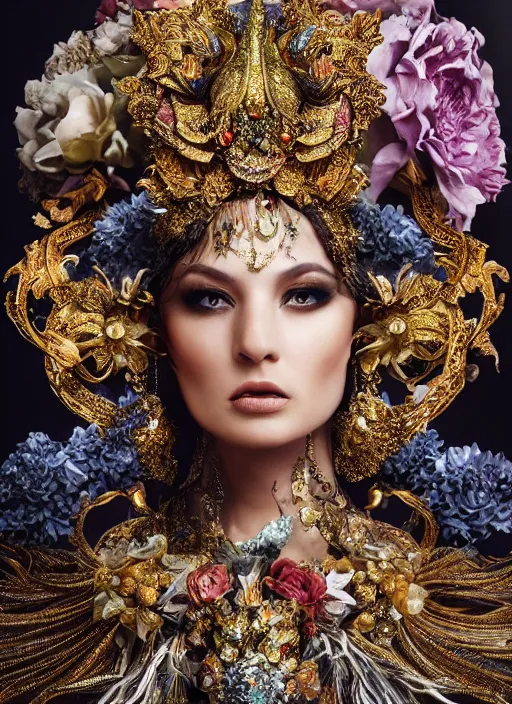 Image similar to expressive full body photo of a female model, ornate headpiece made from flowers, ornaments, glamour shot, by karol bak, by stefan gesell, photorealistic, canon r 3, fashion photography, hyper maximalist, elegant, ornate, luxury, elite, environmental portrait, symmetrical features, octane render, unreal engine, solid dark grey background, dramatic lights