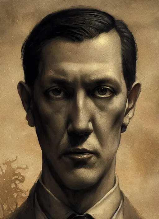 Prompt: highly detailed portrait of h p lovecraft by greg rutkowski, mike mignola, tom bagshaw artgerm and ross tran, beautiful dramatic dark moody lighting, cinematic atmosphere, glossy magazine painting, global illumination, deep color, 8 k resolution, high details, flickr, dslr, artstation