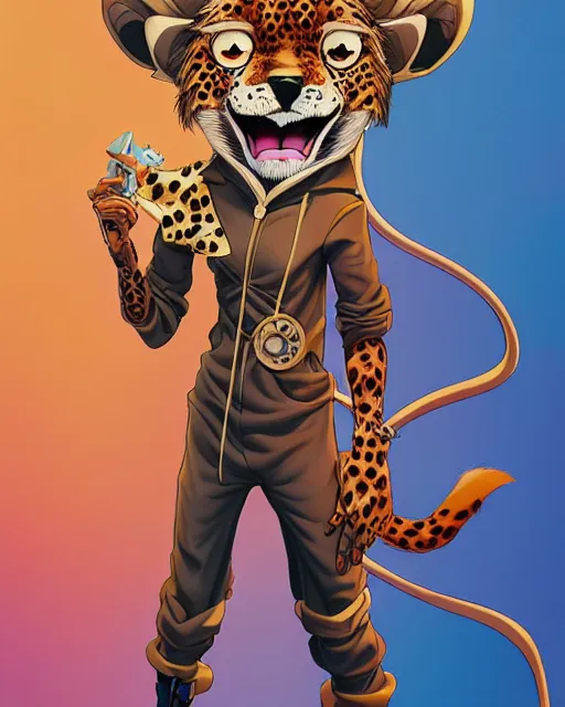 Prompt: don bluth, loish, artgerm, joshua middleton, steampunk, clockpunk anthropomorphic cheetah, wearing a track suit, smiling, symmetrical eyes symmetrical face, colorful animation forest background