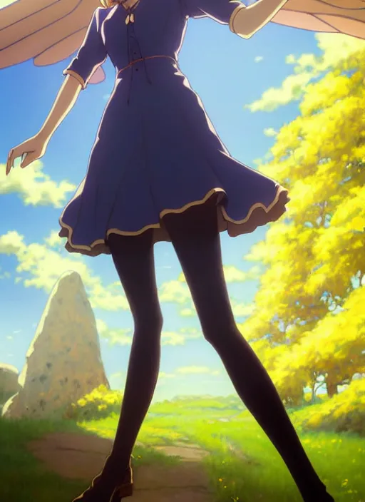 Image similar to Painting of grown-up Velma Dinkley in the style of Violet Evergarden, beautiful anime art style, winged eyelashes, countryside, calm, fantasy character portrait, dark outlines, dynamic pose, above view, sunny day, artwork by Makoto Shinkai, very coherent asymmetrical artwork, sharp edges, perfect face, simple form, 100mm