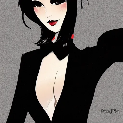 Image similar to slim girl in black tuxedo, corporate boss, luxury, 2d, ultra highly detailed, smooth, sharp focus, digital art, digital painting, fan art, elegant, artstation, by Ilya Kuvshinov