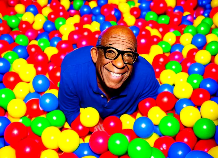 Image similar to photo still of al roker in a ball pit!!!!!!!! at age 4 6 years old 4 6 years of age!!!!!!!! hiding from parents, 8 k, 8 5 mm f 1. 8, studio lighting, rim light, right side key light