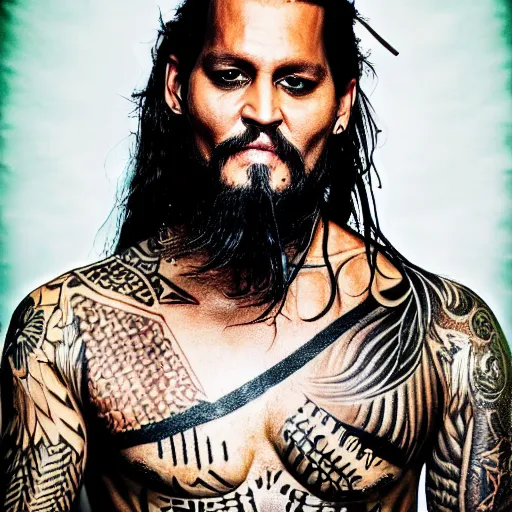 Prompt: portrait of johnny depp as khal drogo from games of thrones, mascular, broad shoulder, long beard with locks, very long straight hair, tattooed body, six packs, symmetrical, nikon 3 5 mm photography, ultrarealistic