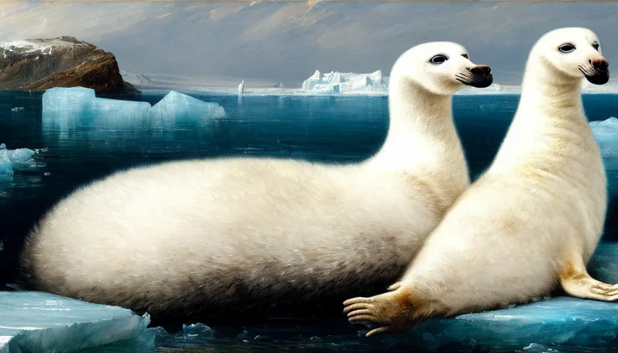 Image similar to highly detailed painting of cute furry white baby seal goose lions cuddling into each other on a blue and white iceberg by william turner, by greg rutkowski, by william constable, thick brush strokes and visible paint layers, 4 k resolution