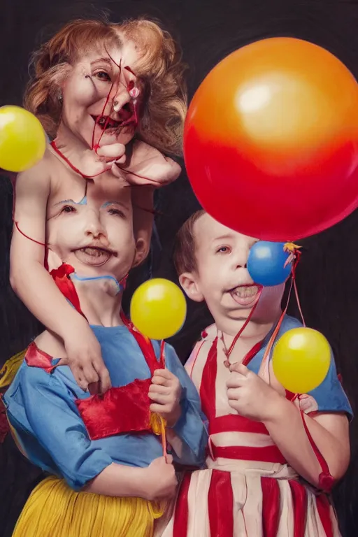 Image similar to a hyperrealistic portrait of two circus performers eating balloons , 8k