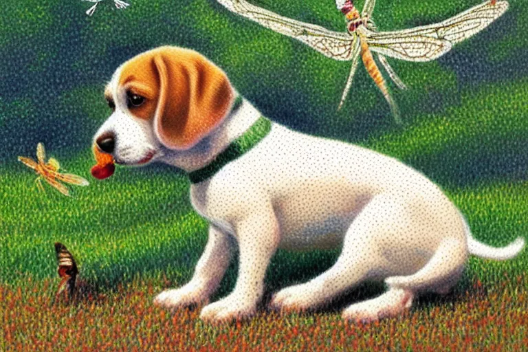 Image similar to pointillism painting of a white and caramel beagle dog playing with dragonfly in a backyard, dull pastel colors, bright, god rays, dreamy, trending on artstation