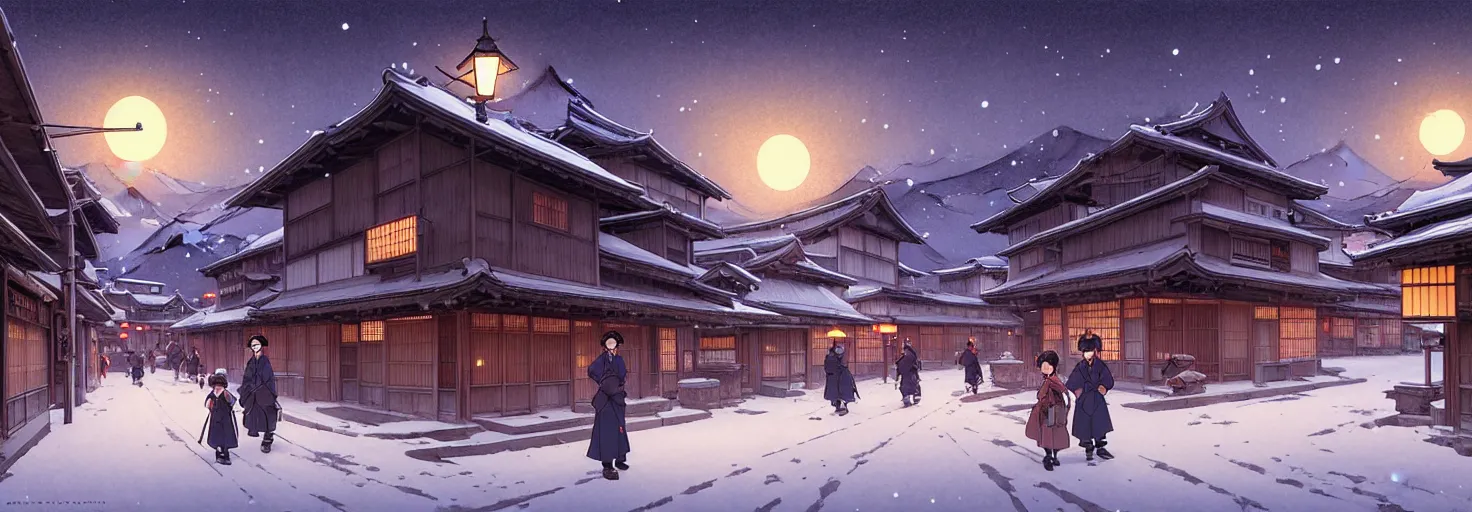 Image similar to empty rural japanese town at night, winter, in the style of studio ghibli, j. c. leyendecker, greg rutkowski, artem