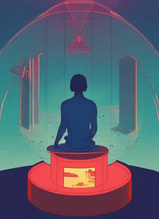 Prompt: a transparent glass movie poster of a cyberpunk explorer meditating next to a floating triangular glowing monolith, risograph by ghostshrimp, kawase hasui, josan gonzalez, jean giraud, moebius and edward hopper, colourful flat surreal design, in the style of oxenfree, super detailed, a lot of tiny details, fullshot