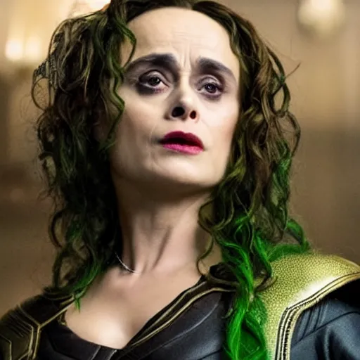 Image similar to film still of helena bonham carter as loki in the new marvel movie, 8 k, cinematic lighting