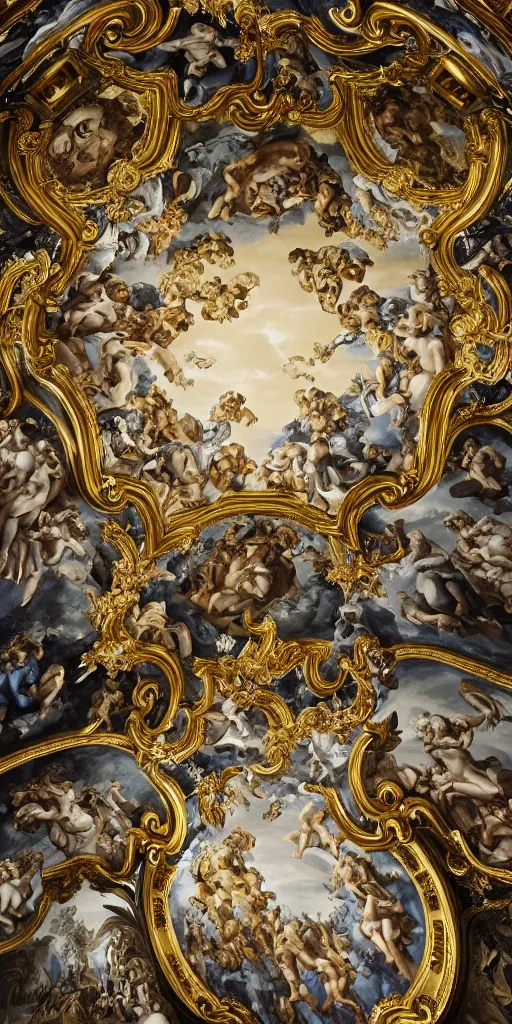 Image similar to the source of future growth dramatic, elaborate emotive Golden Baroque and Rococo styles to emphasise beauty as a transcendental, seamless pattern, symmetrical, large motifs, sistine chapel ceiling, 8k image, supersharp, Gold blue black and white, 3D, no blur, sharp focus, photorealistic, insanely detailed and intricate, cinematic lighting, Octane render, epic scene, 8K