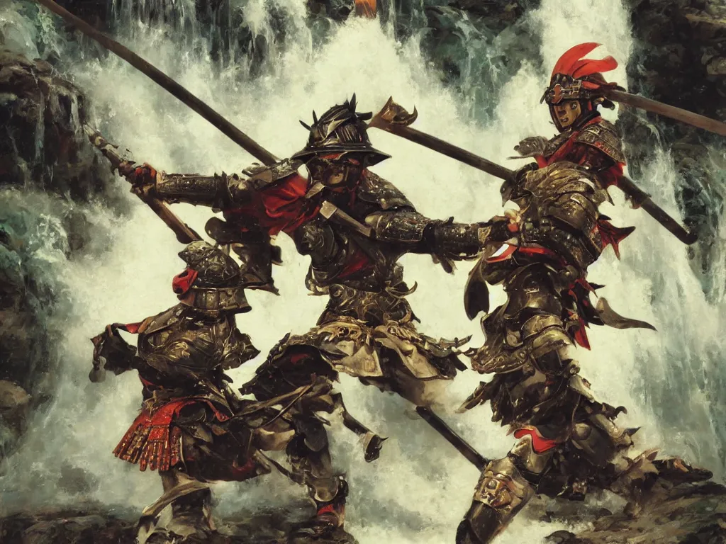 Prompt: close up of a samurai in full armor and helmet, training under a waterfall, by huang guangjian and gil elvgren, sachin teng, greg manchess