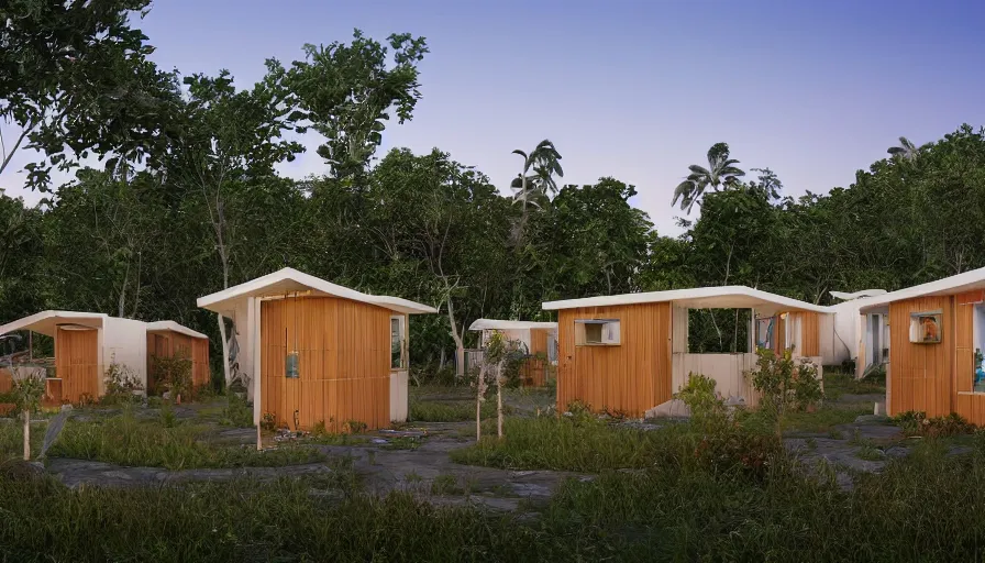 Image similar to A wide image of an eco-community neighborhood of innovative contemporary 3D printed prefab sea ranch style cabins with rounded corners and angles, beveled edges, made of cement and concrete, organic architecture, in a lush green eco community with side walks, parks and public space , Designed by Gucci and Wes Anderson, golden hour