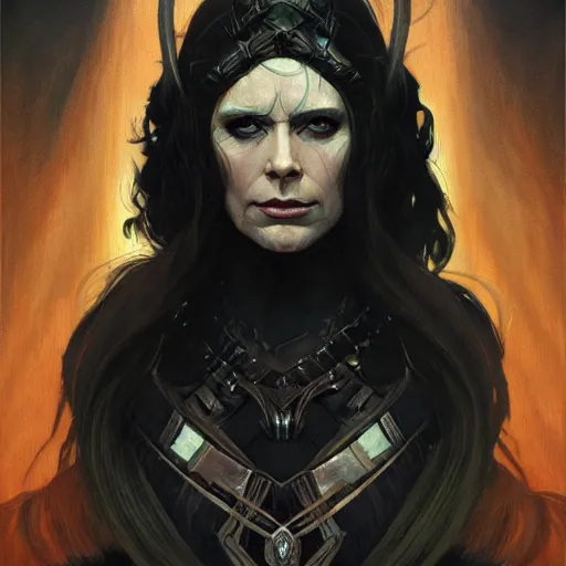 Image similar to ''face portrait of hela from norse mythology, black shadows, greece, fantasy, dungeons and dragons, d & d, digital painting, artstation, concept art, sharp focus, illustration, art by greg rutkowski and alphonse mucha''