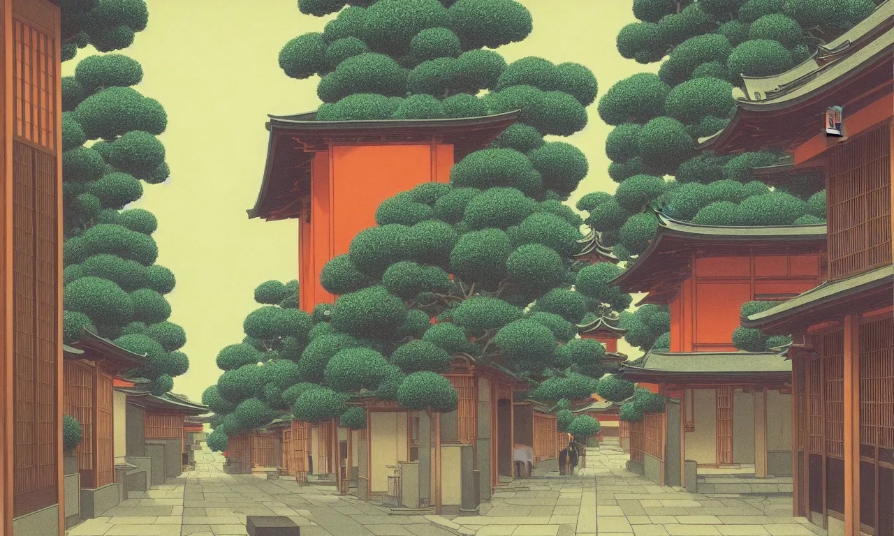 Prompt: an achingly beautiful print of a quiet street in Kyoto Japan with temples and plants, water fountains, magical details, by Raphael, Hopper, and Rene Magritte. detailed, romantic, enchanting, trending on artstation.