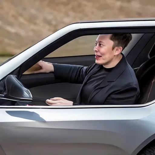 Image similar to Elon Musk waving out the driver's side window of a Rivian