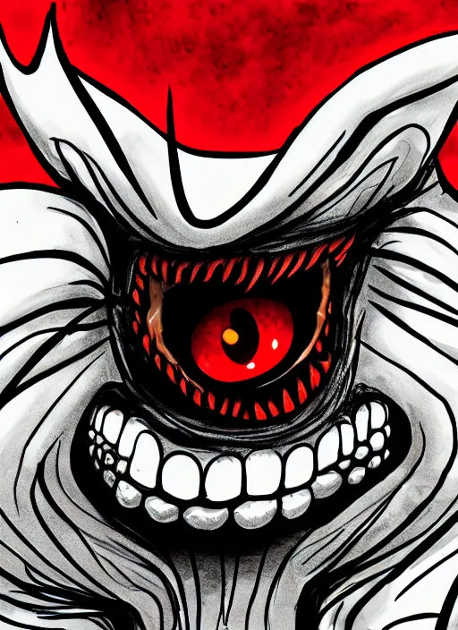 Image similar to jack skellington as a cosmic horror garfield with razor sharp teeth, red eyes, red teeth, digital art, lineart